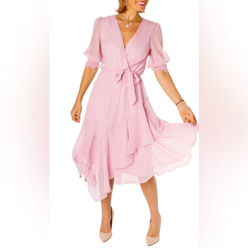 NWT Maison Tara Blush Pink Swiss Dot Chiffon V-Neck Belted Midi Dress 18W